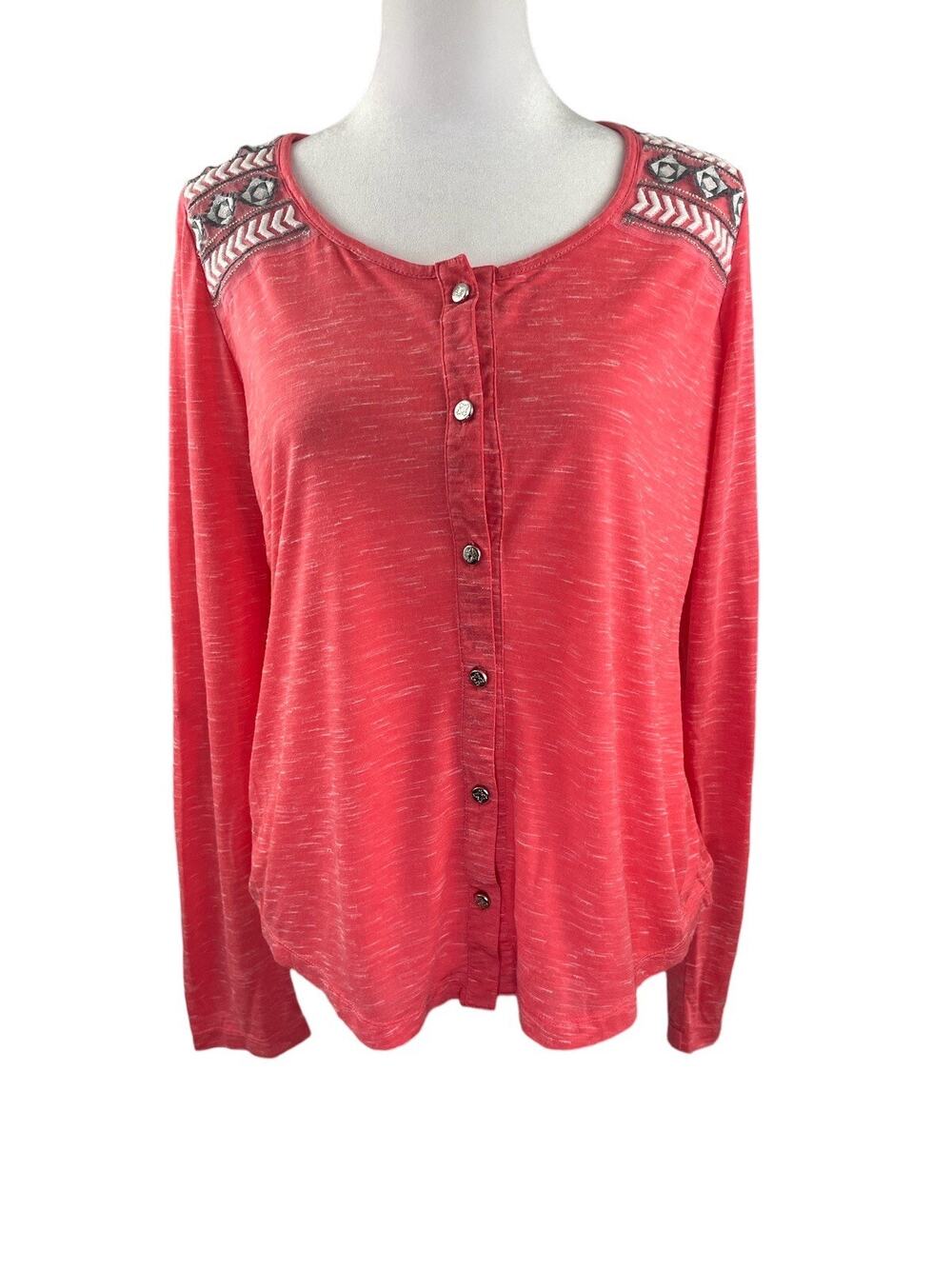 Outback Trading Co Women's M Button Up Top Coral Slub Knit Long Sleeve